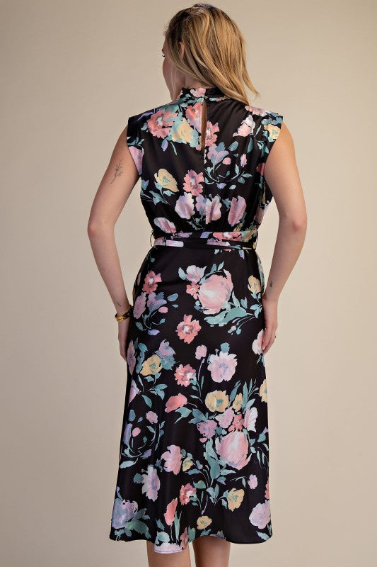 Floral Cowl Neck Tie Waist Midi Dress