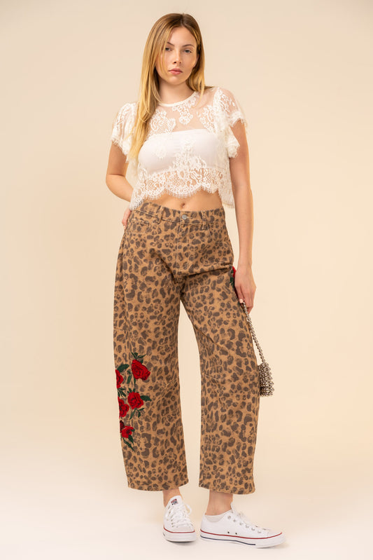 Rose Embroidered Leopard Barrel Pants