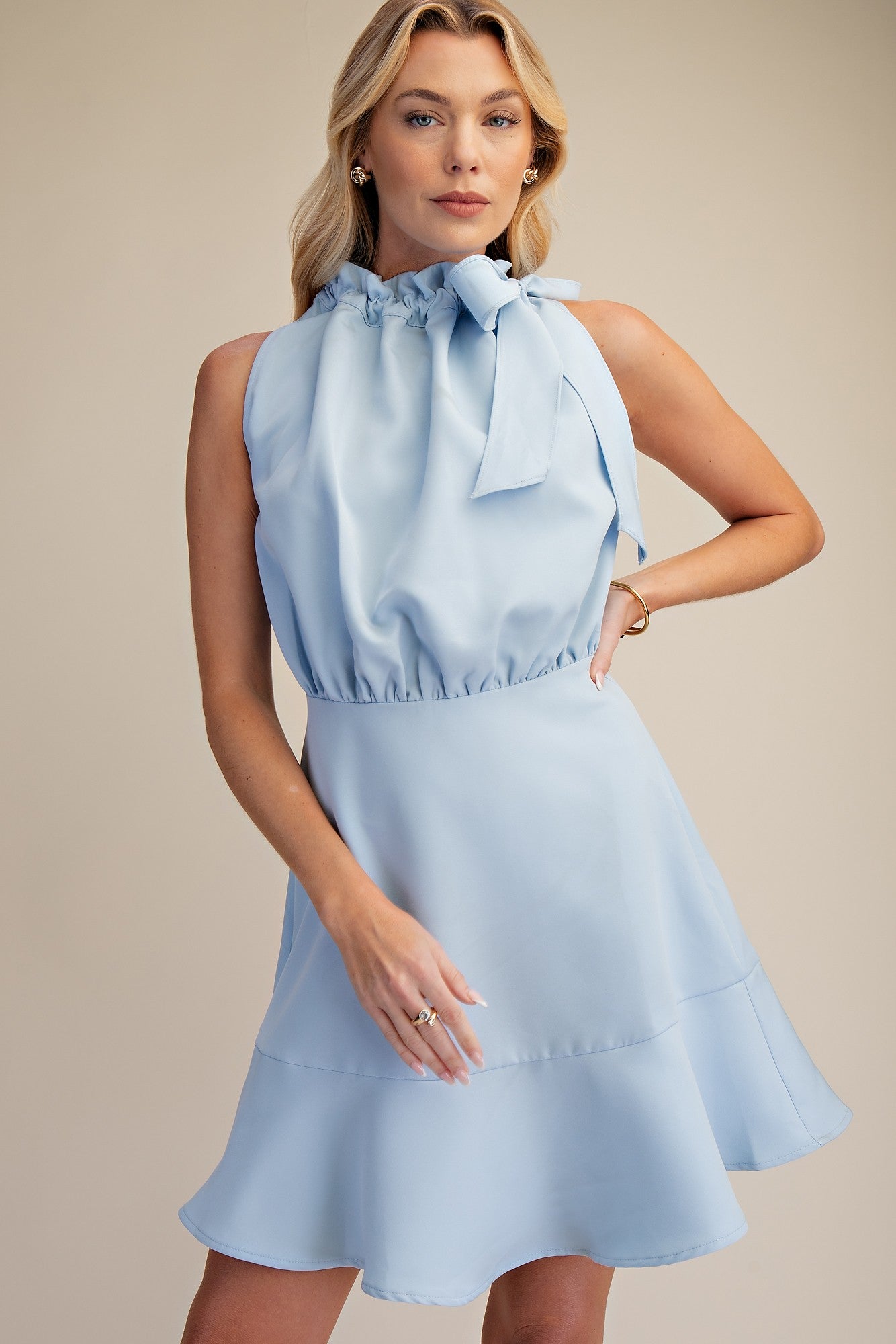 Sky Bow Tie Sleeveless Flounced Hem Mini Dress