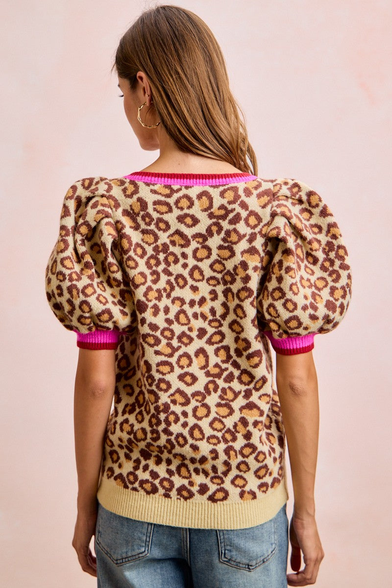 Leopard Pattern Puff Sleeve Sweater