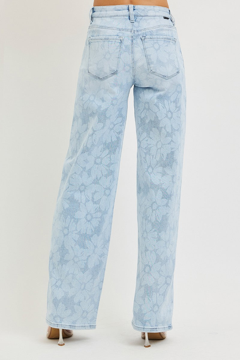 Risen High Rise Wide Baggy Floral Print Jean