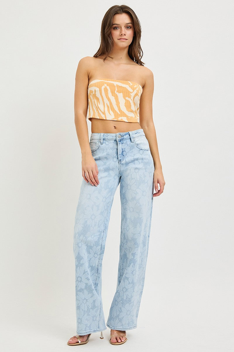 Risen High Rise Wide Baggy Floral Print Jean