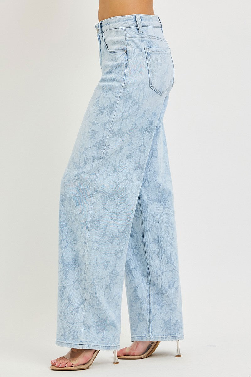 Risen High Rise Wide Baggy Floral Print Jean