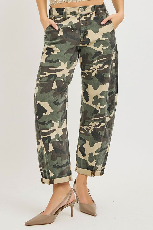 Risen Faded Camo High Rise Ankle Barrel Pants