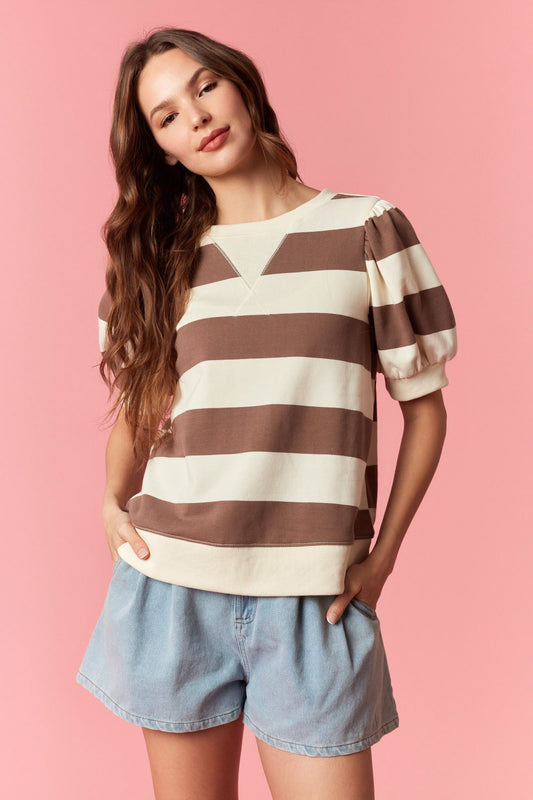 Brown Wide Strip Terry Top