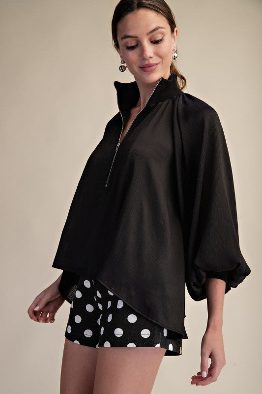 Black Mock Neck Band Blouse