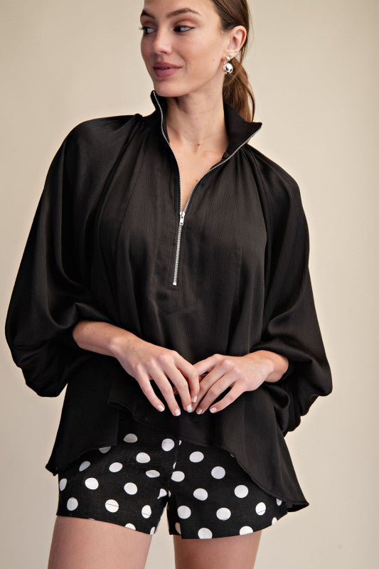 Black Mock Neck Band Blouse