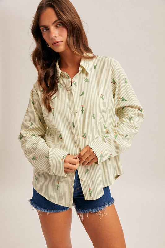 Cactus Embroidered Stripe Button Down Shirt