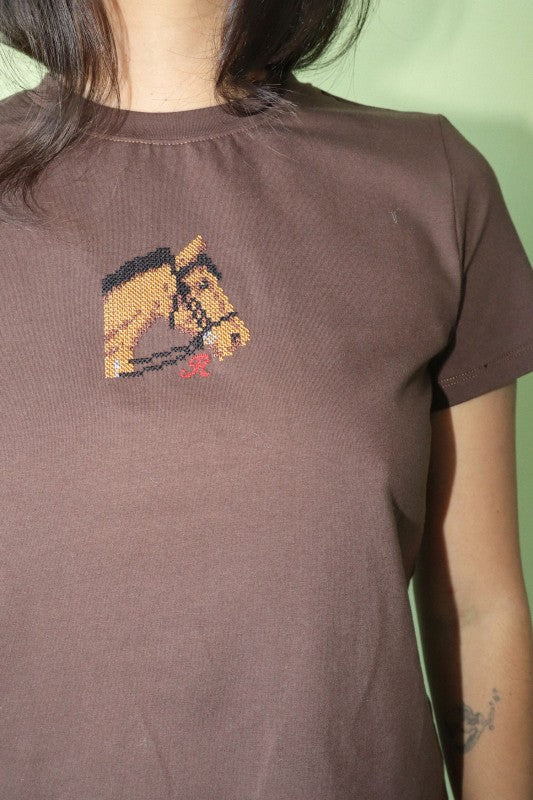 Horse Embroidered Baby Tee- Chocolate