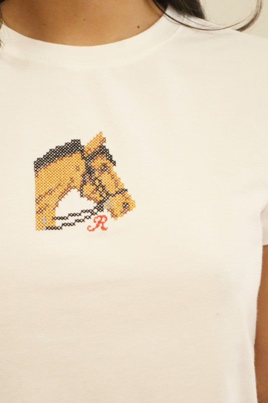 Horse Embroidered Baby Tee- White