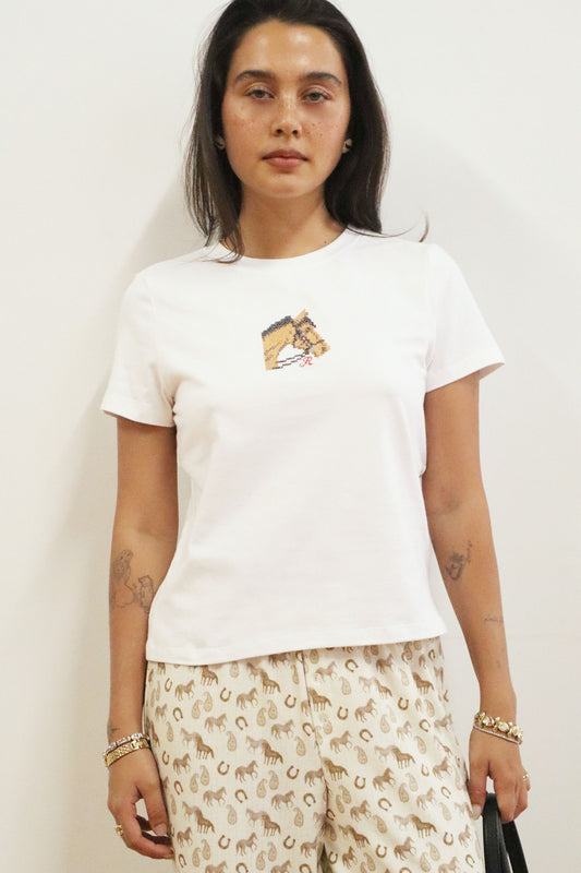 Horse Embroidered Baby Tee- White