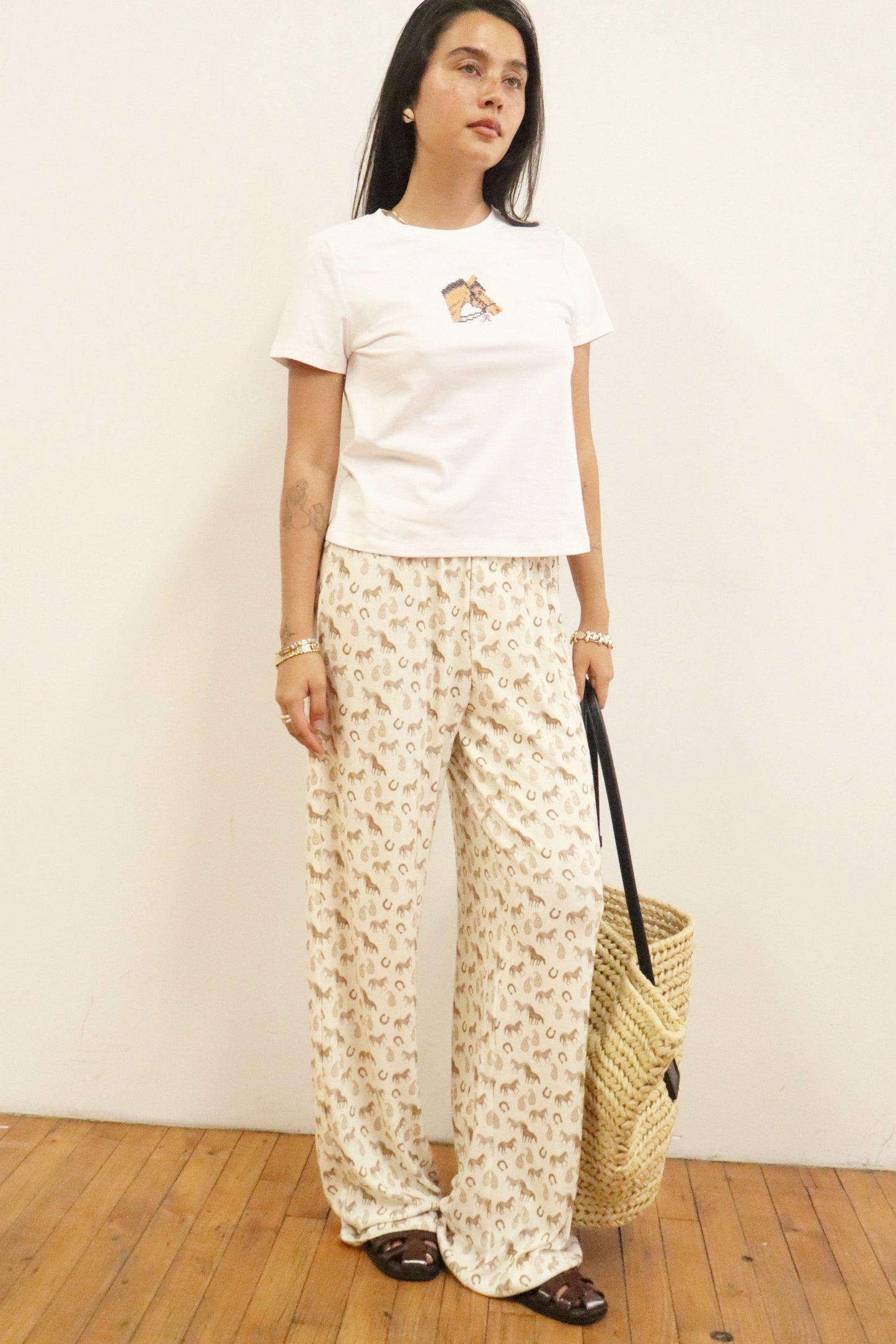 Horse Embroidered Baby Tee- White