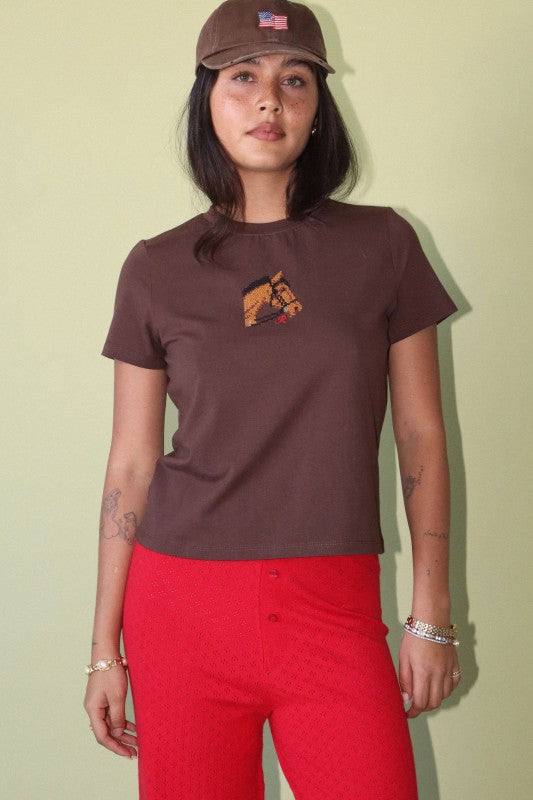 Horse Embroidered Baby Tee- Chocolate