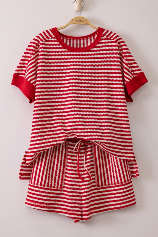 Striped Comfy Knit Short Set- Red