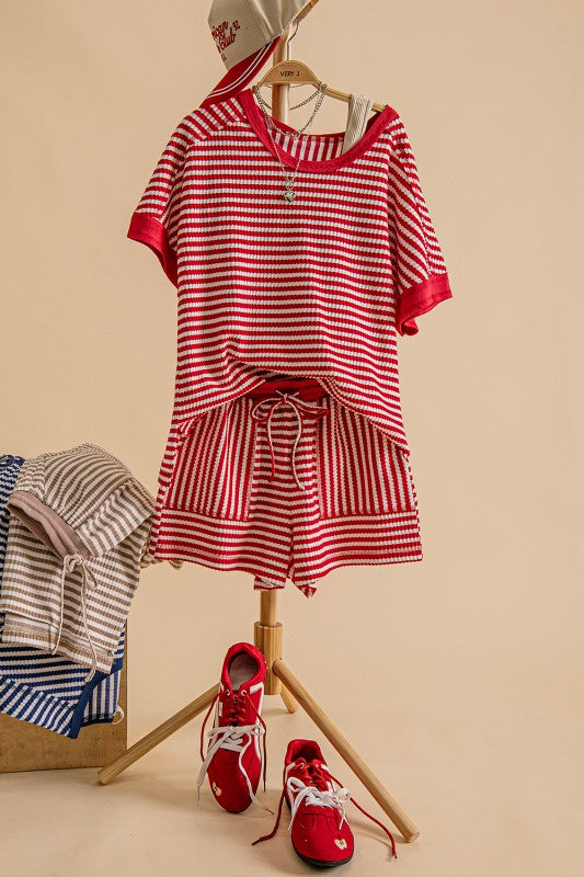 Striped Comfy Knit Short Set- Red