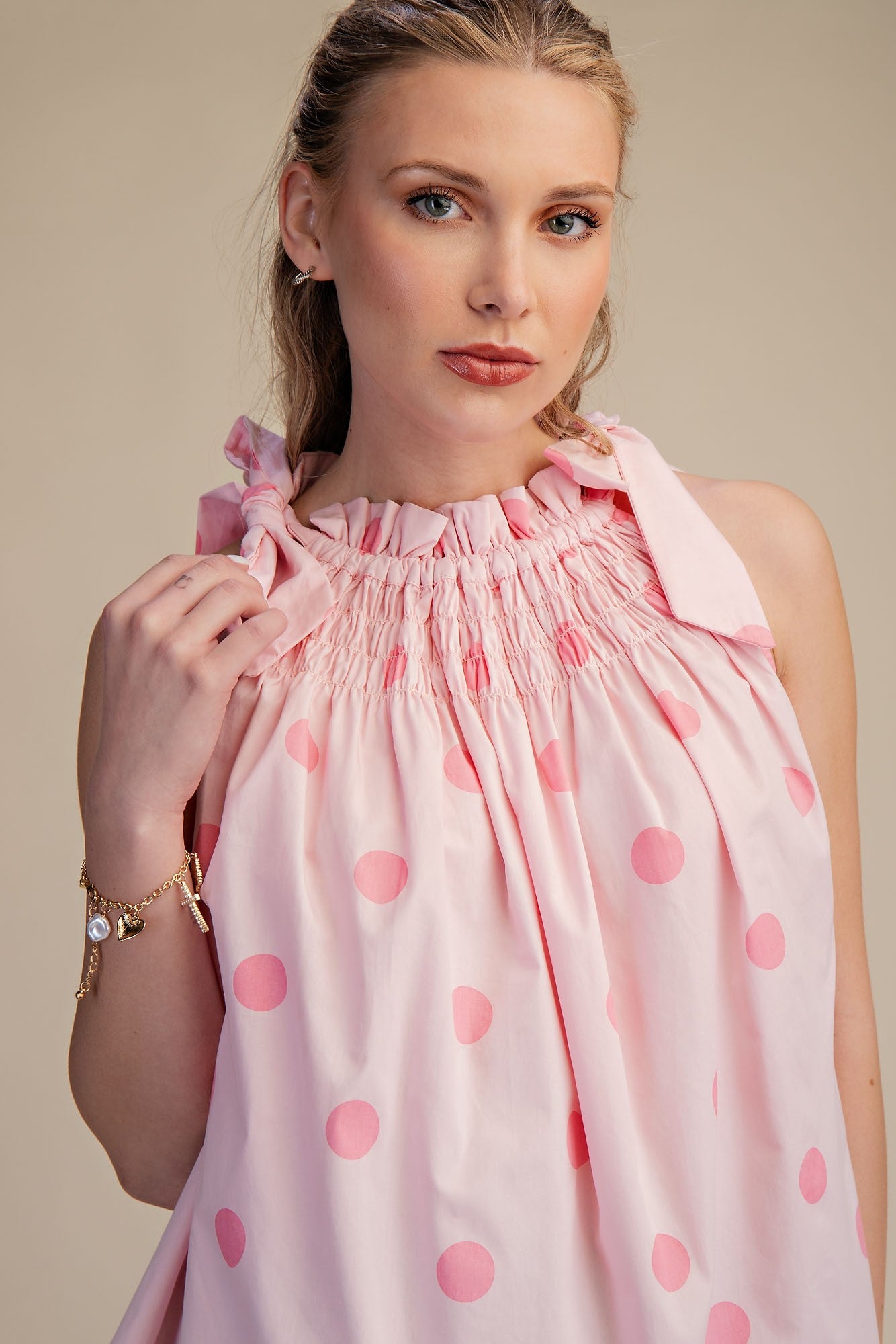 Tie Strap Smocked Polka Dot Top