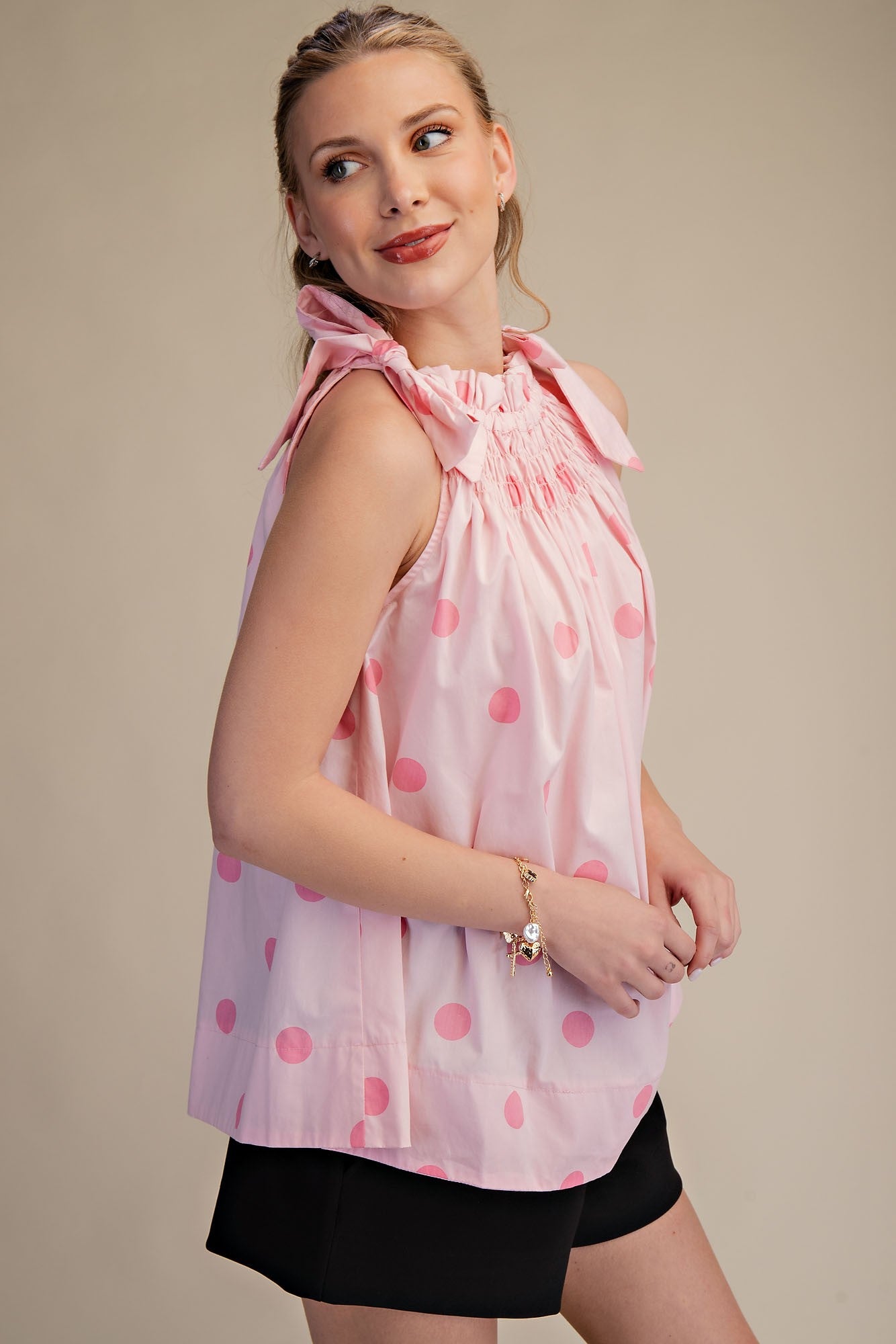 Tie Strap Smocked Polka Dot Top