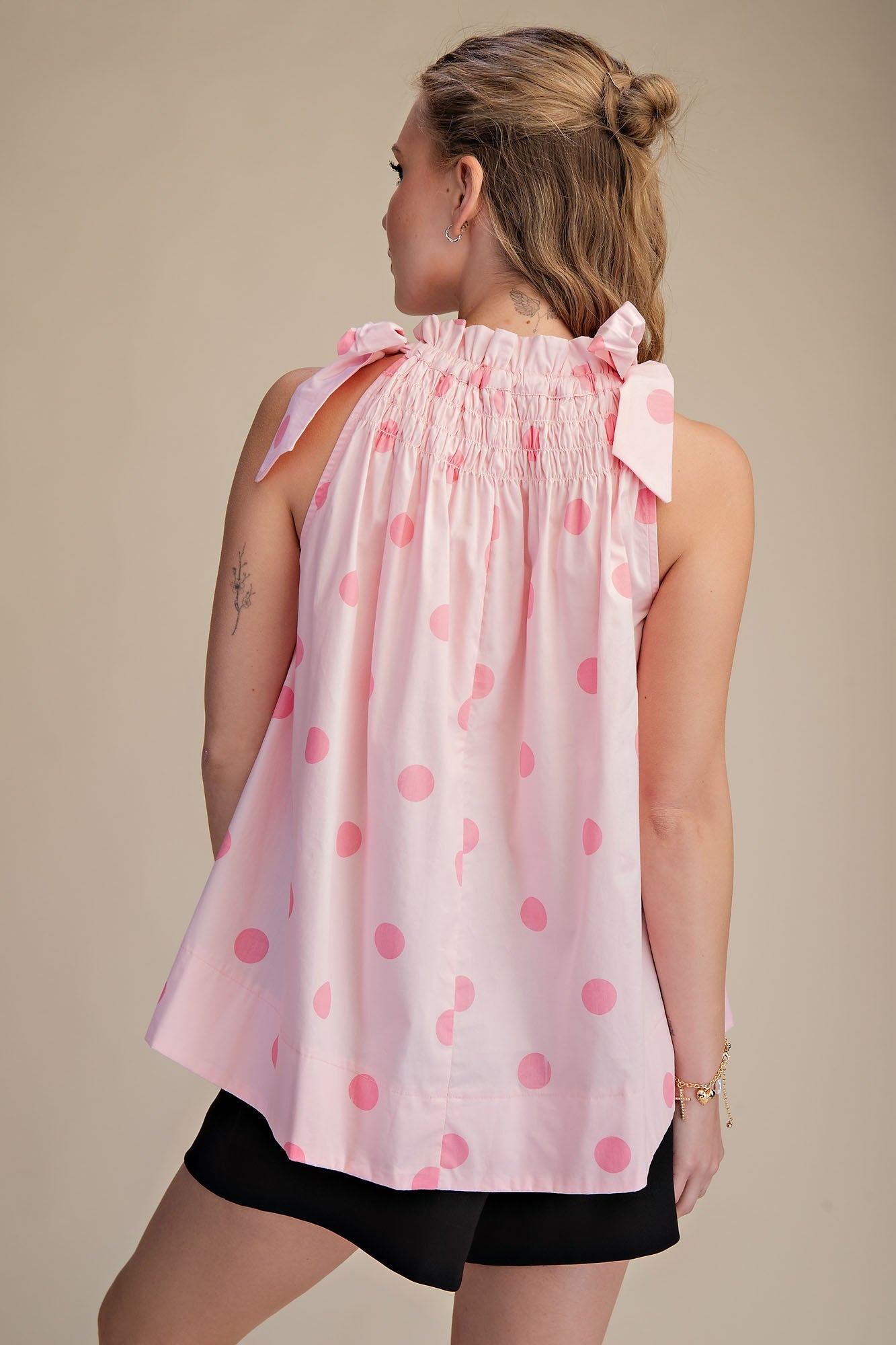 Tie Strap Smocked Polka Dot Top