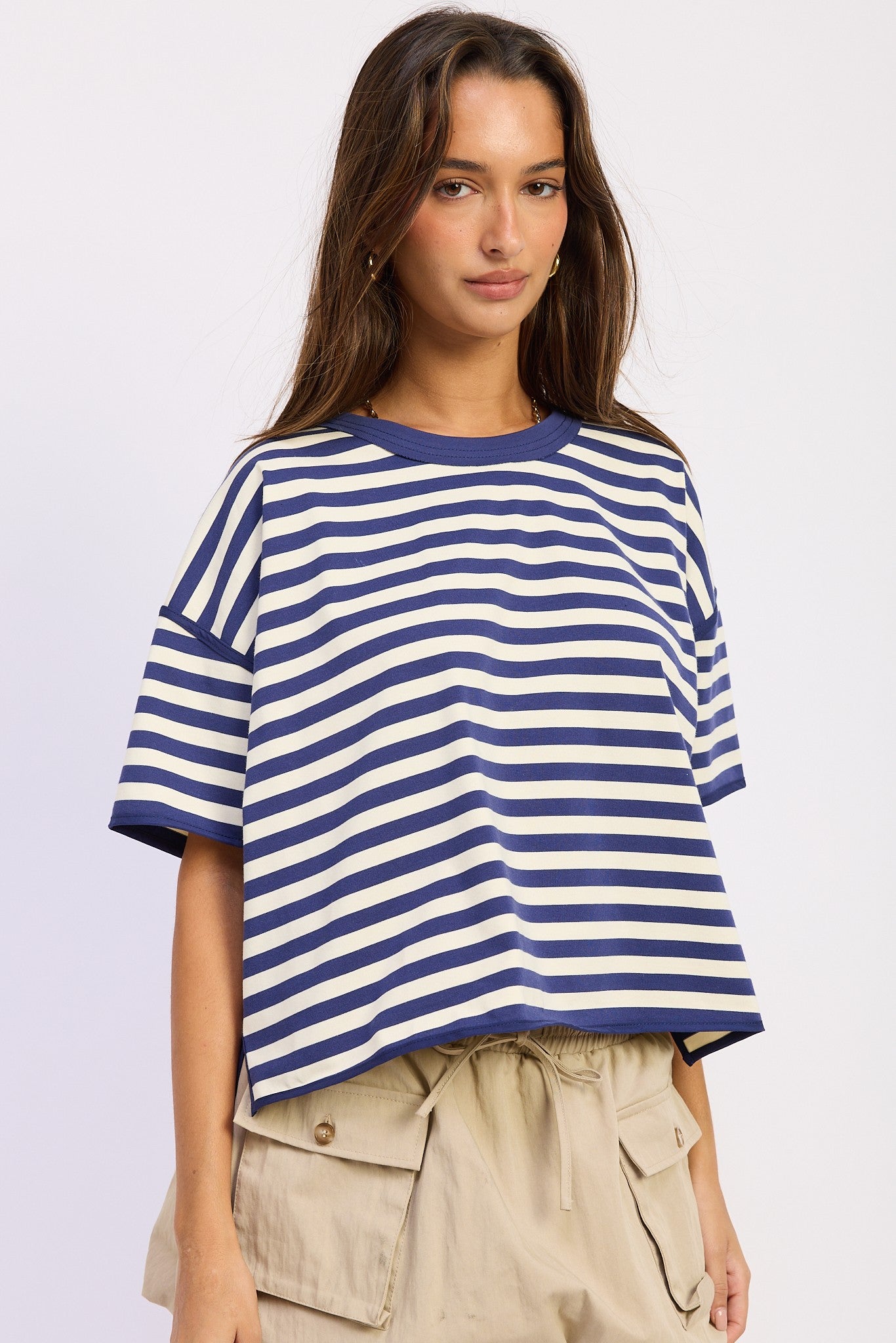 Oversized Navy Striped Short Sleeve Shirt