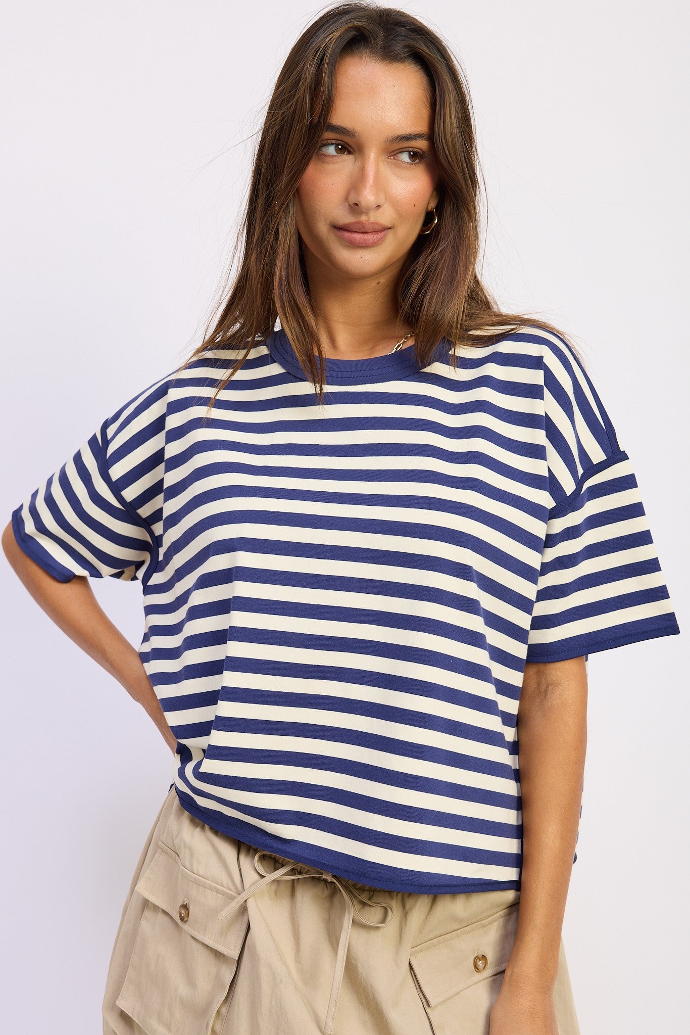 Oversized Navy Striped Short Sleeve Shirt