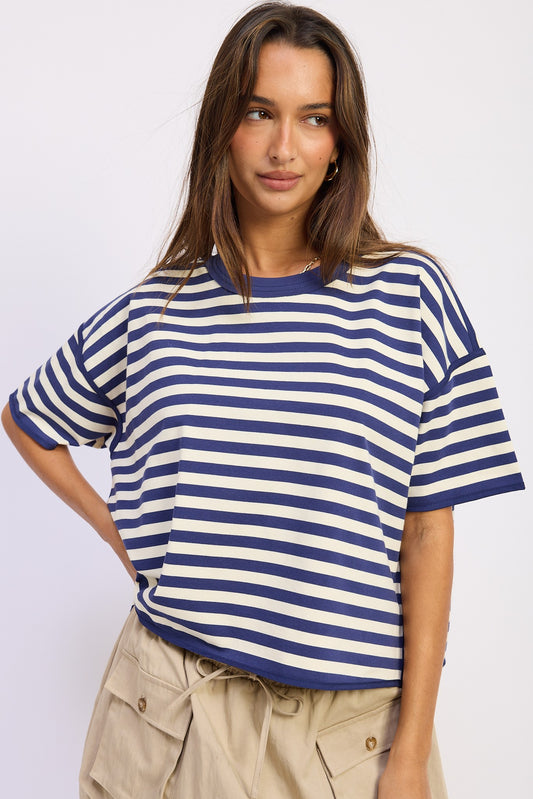 Oversized Navy Striped Short Sleeve Shirt
