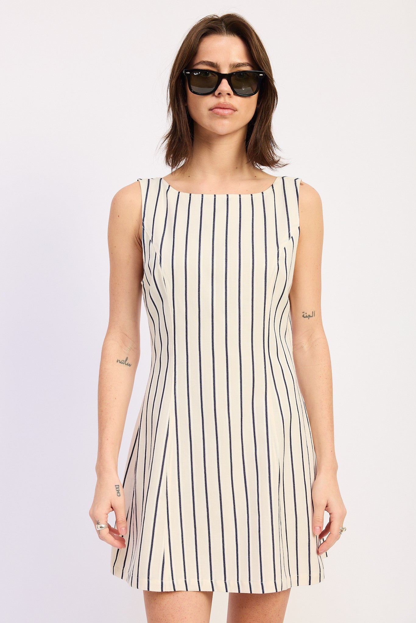 Boat Neck A Line Mini Denim Dress