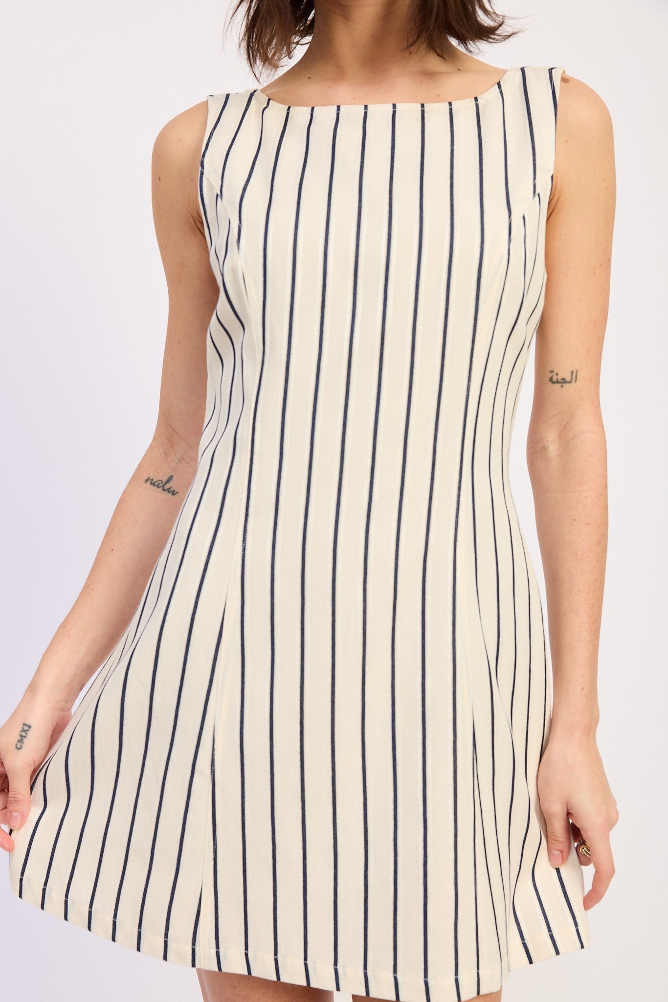 Boat Neck A Line Mini Denim Dress