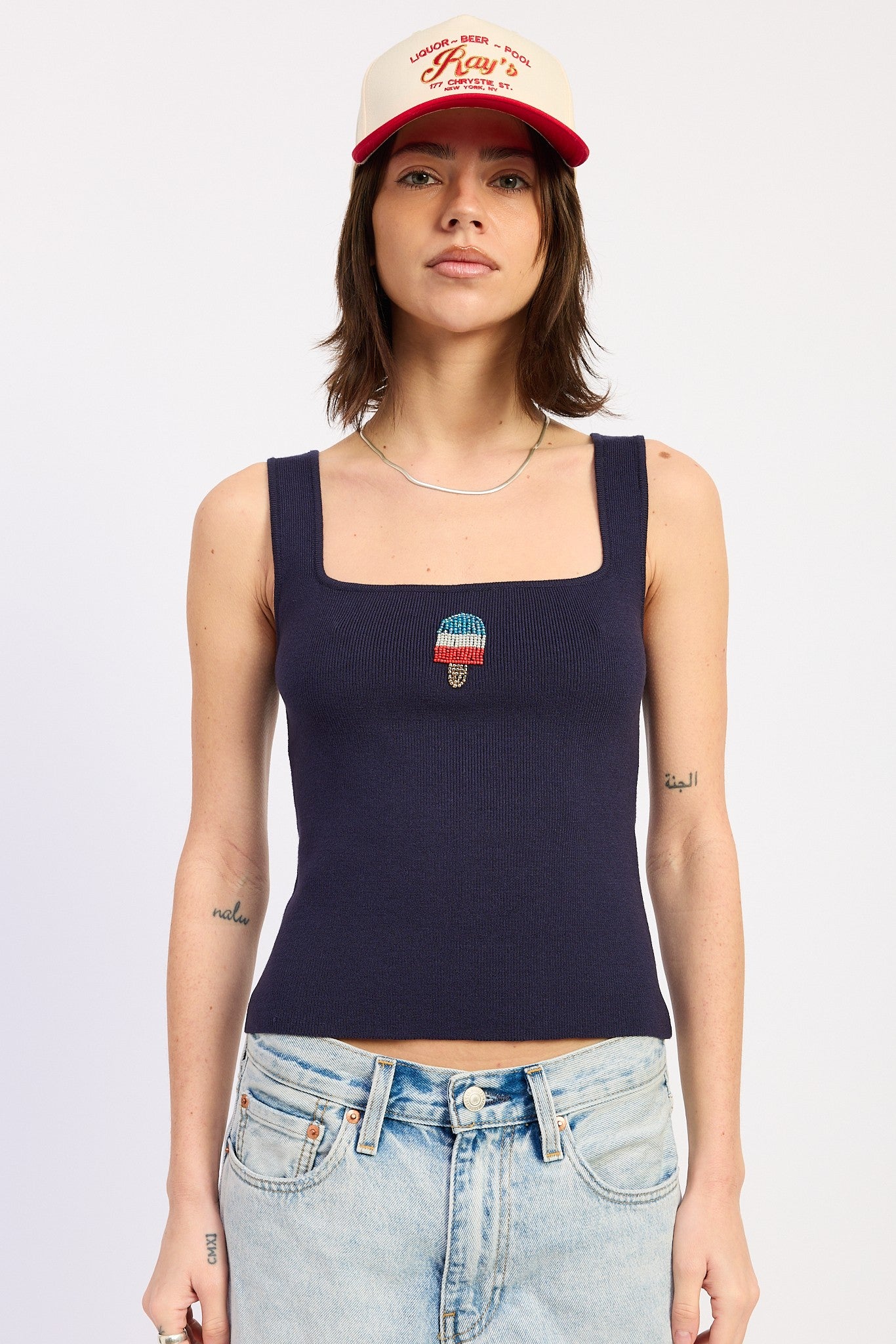 Beaded Popsicle Navy Ribbed Tank Top