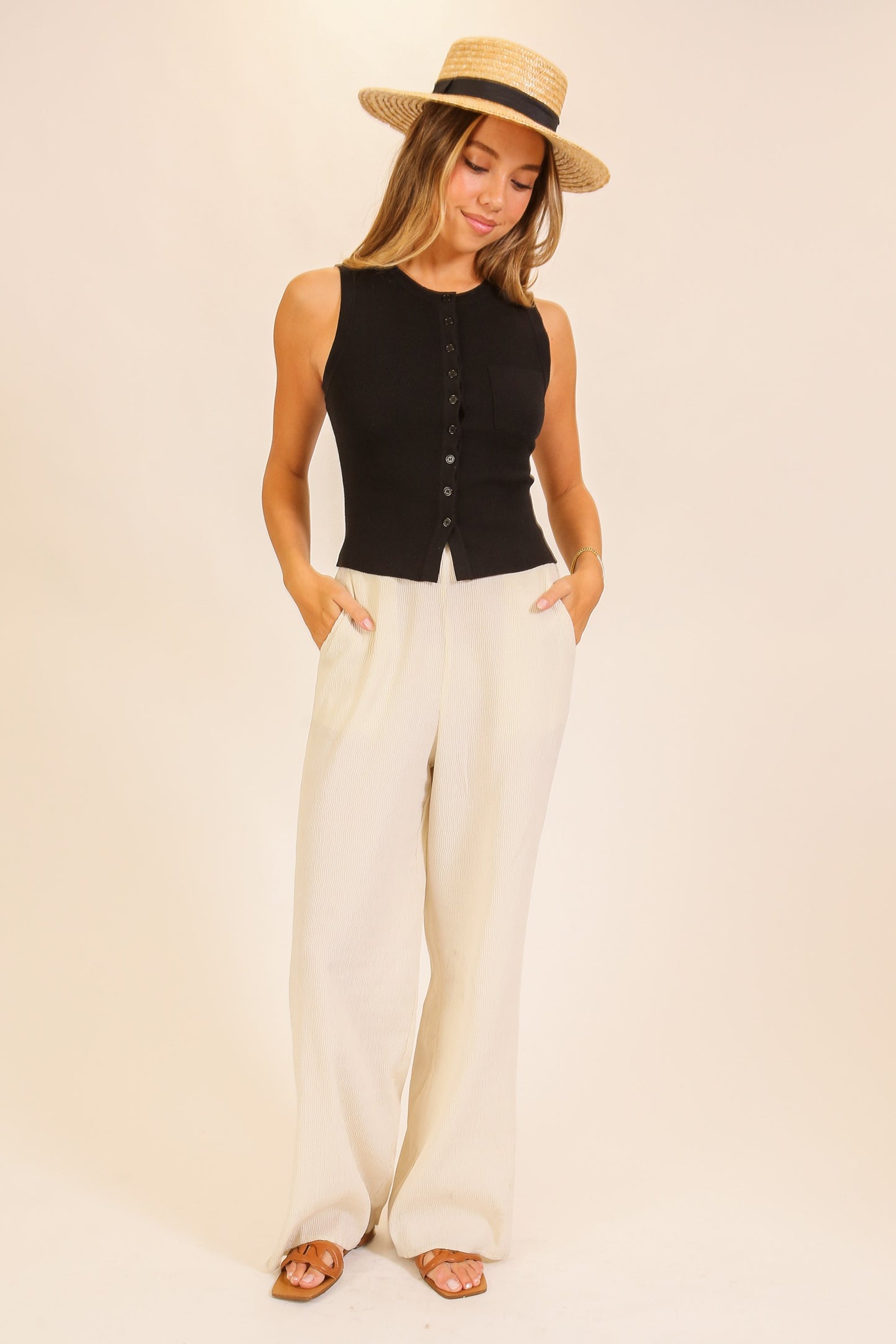 Ribbed Button Up Sweater Tank- Black