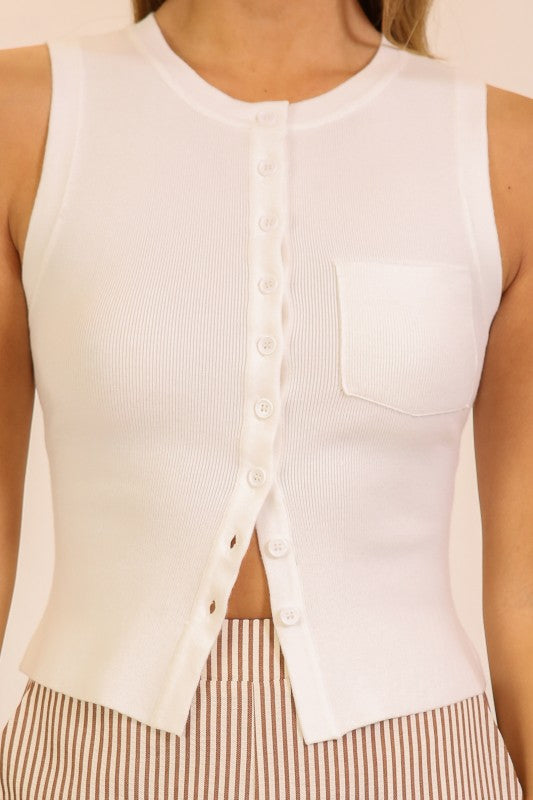 Ribbed Button Up Sweater Tank- Ivory