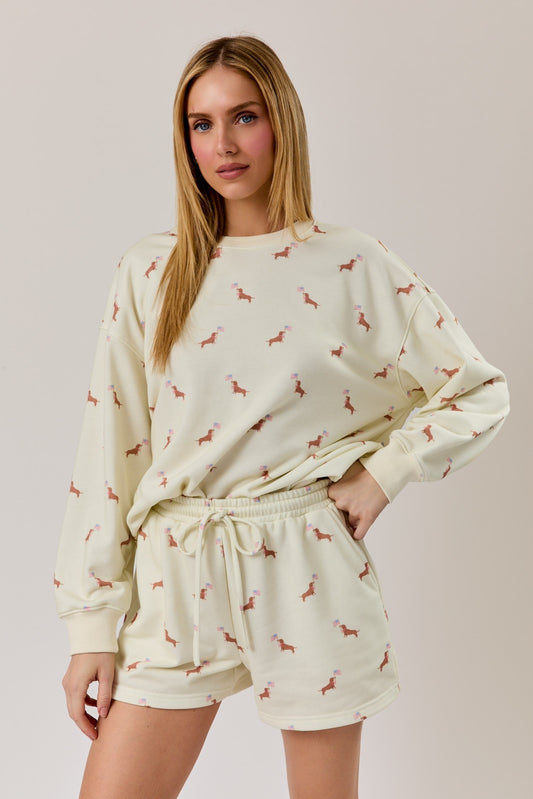 Round Neck Usa Dog Graphic Print Sweatshirt & Shorts Set