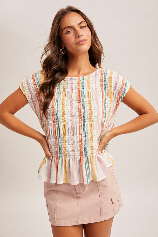 Boat Neck Tiered Smocked Cap Sleeve Top