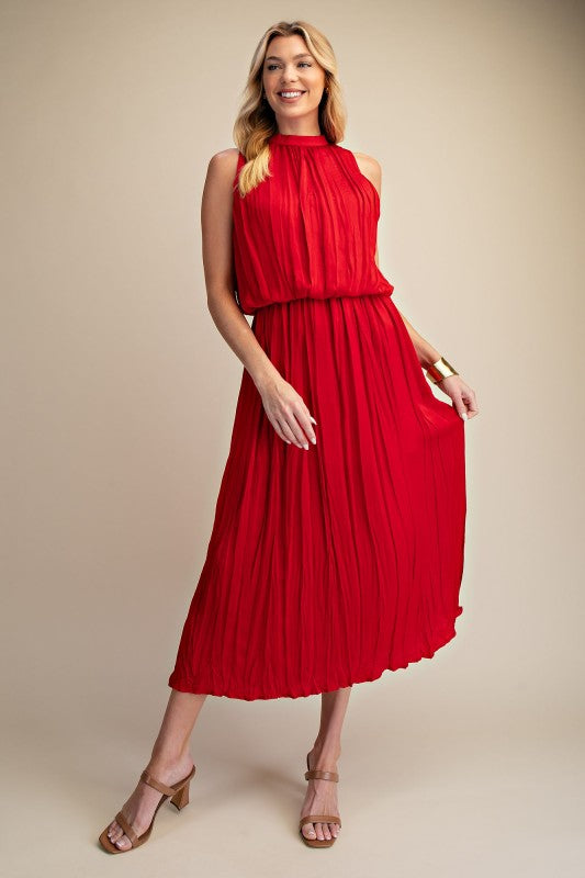 Red Pleated Midi Dress