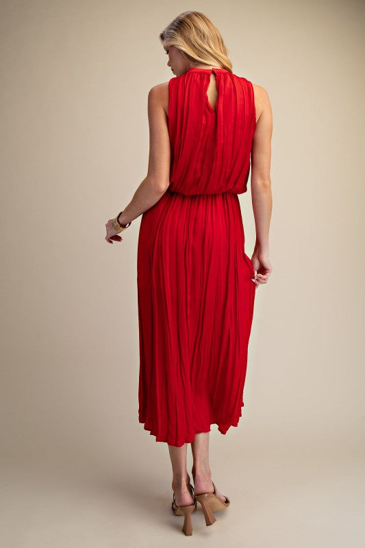 Red Pleated Midi Dress