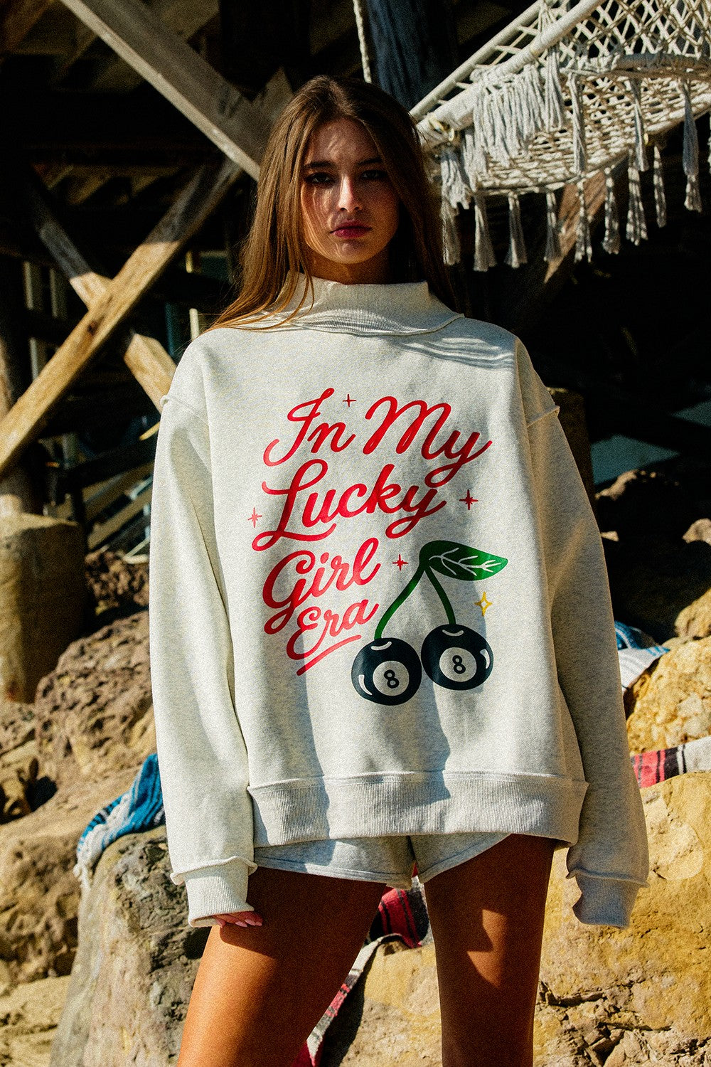 'In My Lucky Girl Era' Print Reversible Mock Neck Sweatshirt
