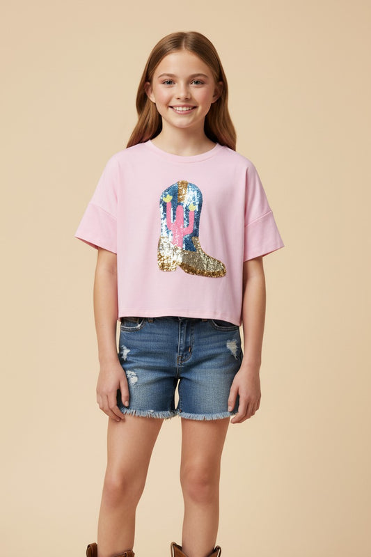 Girls Sequined Cactus Boot Patch Knit T Shirt