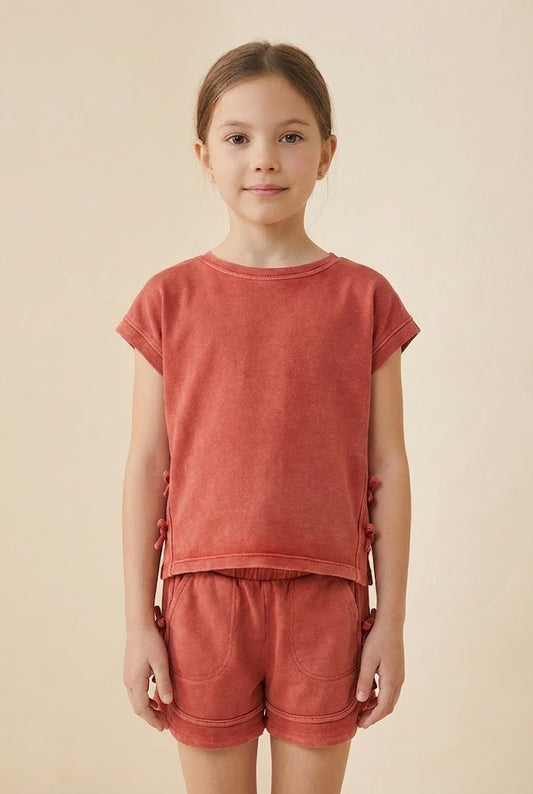 Girls Washed Side Bow Detail Knit T Shirt & Shorts Set