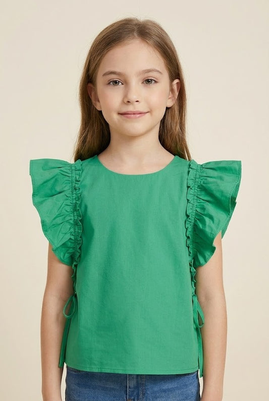 Girls Side Bow Detailed Ruffled Top- Kelly Green