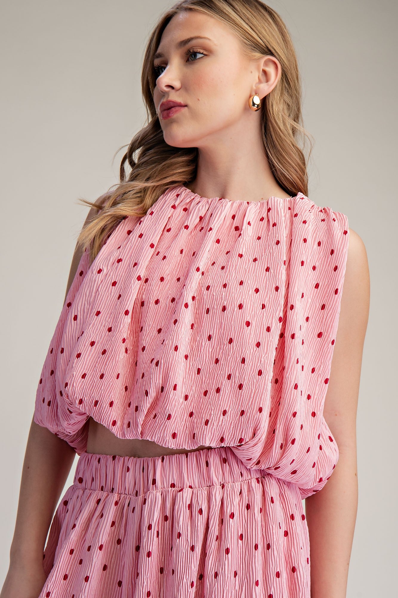 Pink Polka Dot Pleated Top & Pant Set