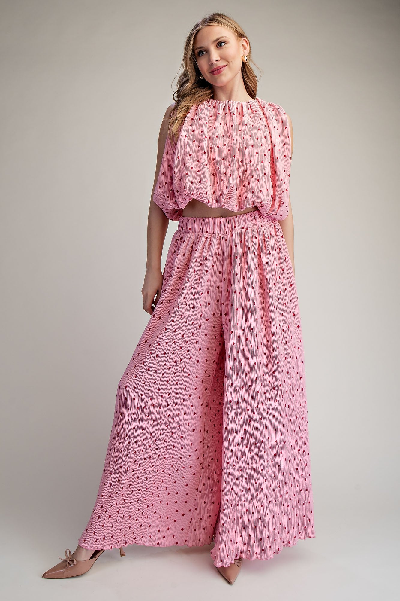 Pink Polka Dot Pleated Top & Pant Set