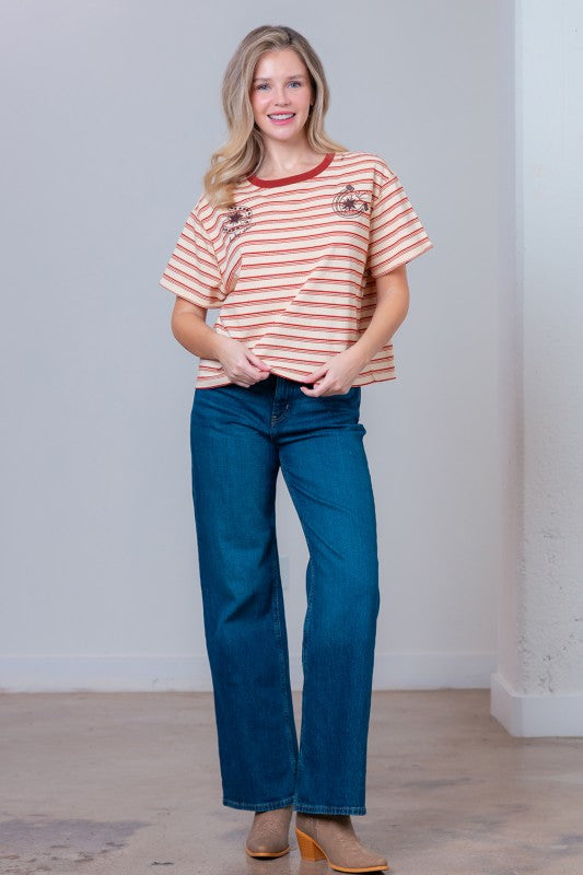 Short Sleeve Striped Horseshoe Print Embroidery Top