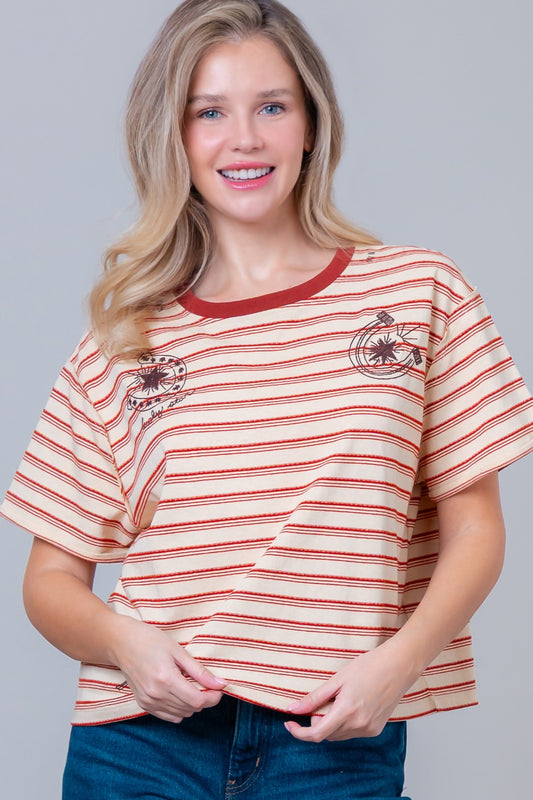 Short Sleeve Striped Horseshoe Print Embroidery Top