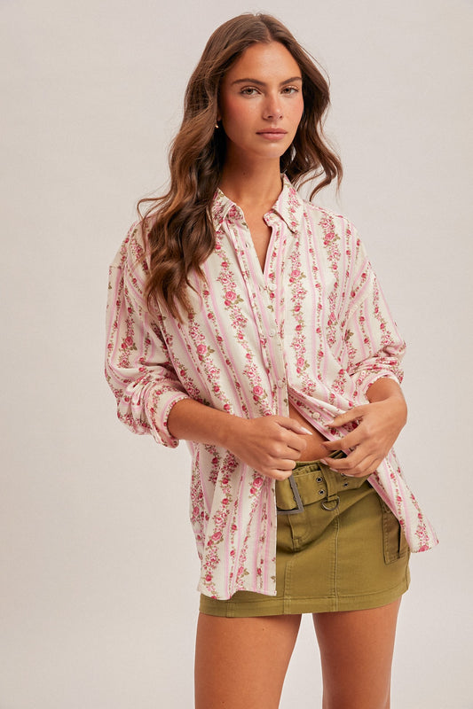 Floral Print Multi Stripe Button Down Shirt