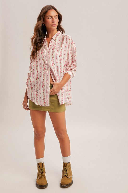 Floral Print Multi Stripe Button Down Shirt