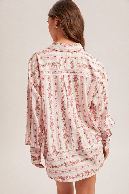Floral Print Multi Stripe Button Down Shirt