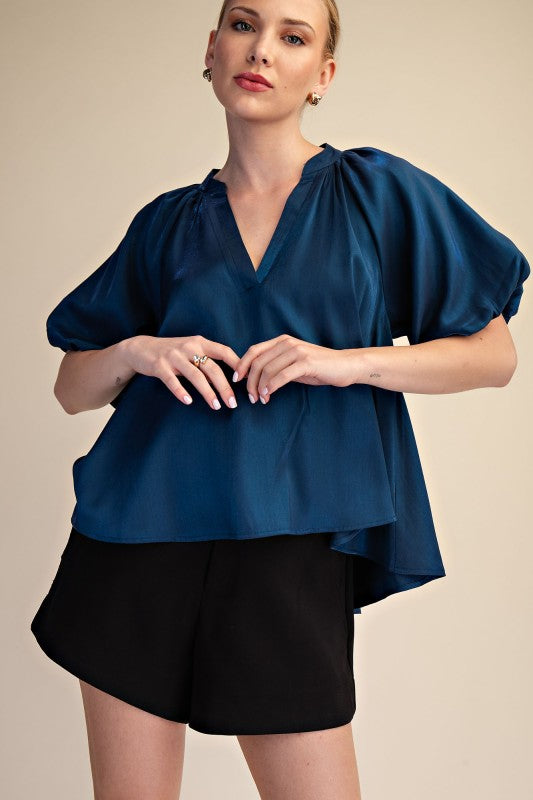 Navy V-Neck Bubble Sleeve High Low Blouse