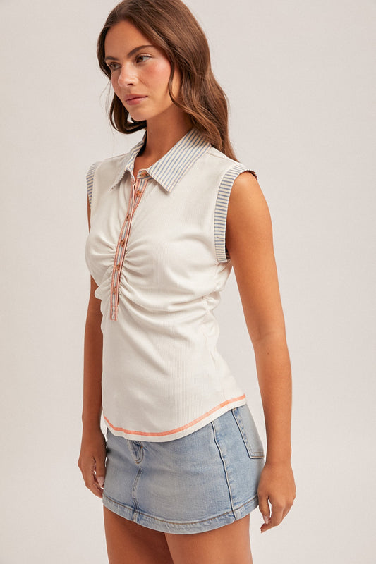 Stripe Contrast Ruched Sleeveless Top