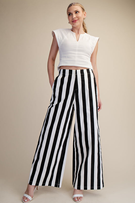 Mid-Rise Wide Leg Stripe Pants- Black & White