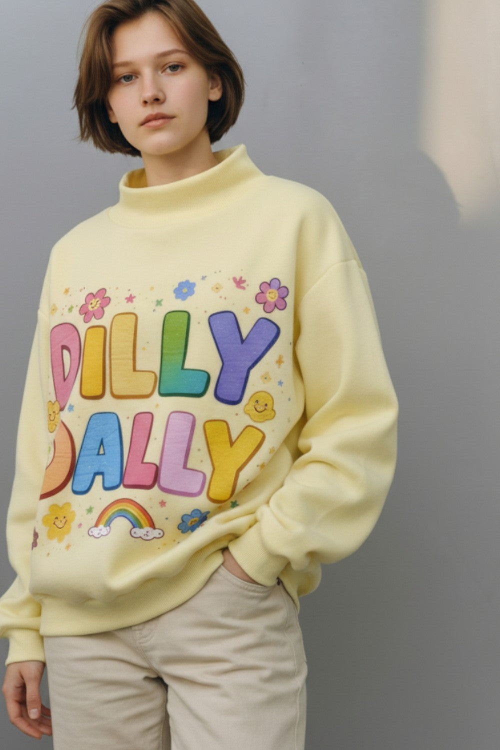 Dilly Dally Rainbow Reversible Mock Neck Sweatshirt