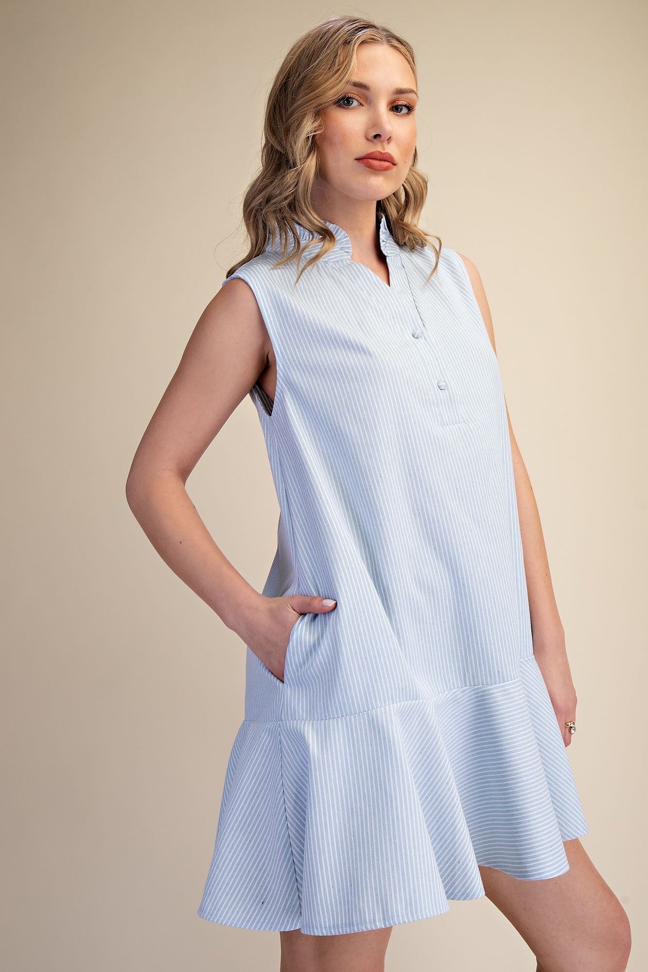 Sky Ruffle Neck Sleeveless Mini Dress
